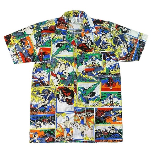 Repage Tops - Vintage 80s Repage Tarzan Comic Strip Button Down T-Shirt - L (14-16)